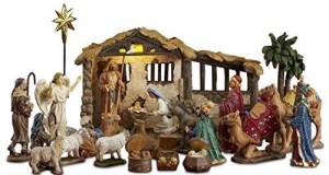 Three Kings Gifts 23 Pieces, 5-Inch The Real Life Nativity – Includes Lighted Stable, Palm Tree and Chests of Gold, Frankincense and Myrrh. Appears New