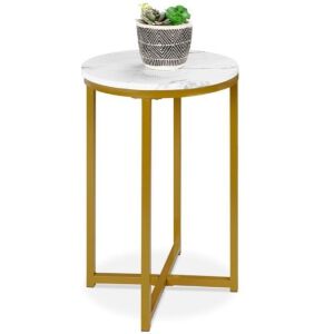 Round Coffee Side Table w/ Faux Marble Top, Metal Frame - 16in