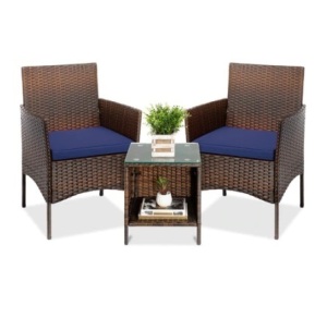 3-Piece Outdoor Patio Wicker Bistro Set, Brown/Navy