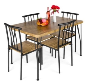 5-Piece Modern Metal & Wood Dining Table Furniture Set, Brown