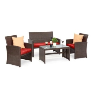 4-Piece Outdoor Wicker Patio Set, Brown/ Red