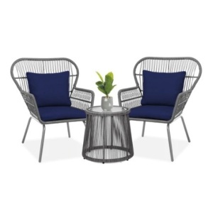 3-Piece Patio Wicker Bistro Set, Gray/Navy