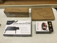 Bedside Shelf, 12V Air Compressor, Laptop Desk, and Over the Door Hook Rack. Unknown Condition