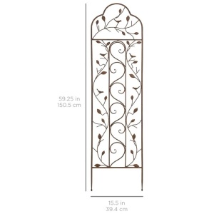 Iron Arched Garden Trellis Fence Panel w/ Branches, Birds - 60x15in