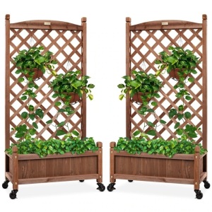 Set of 2 Wood Planter Box & Lattice Trellis w/ Optional Wheels - 48in