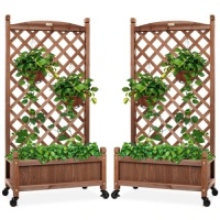 Set of 2 Wood Planter Box & Lattice Trellis w/ Optional Wheels - 48in