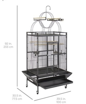 92in Durable Iron Bird Cage w/ Long Wooden Perches, Play Area, and Rolling Wheels - Black  