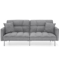 Convertible Linen Tufted Futon w/ 2 Plush Pillows, Split-Back Design&nbsp;