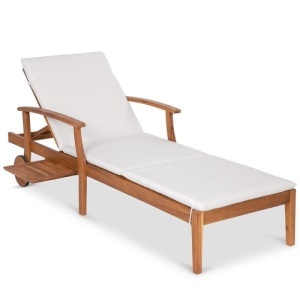 Adjustable Acacia Wood Chaise Lounge Chair w/ Side Table, Wheels. Appears Unused. Could ne missing some hardware