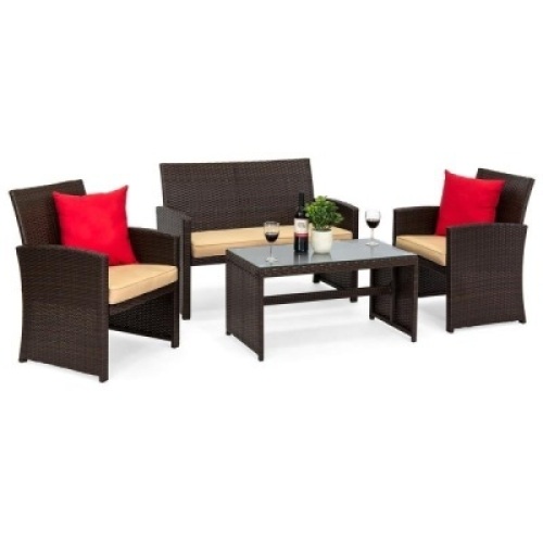 4-Piece Outdoor Wicker Conversation Patio Set w/ 4 Seats, Glass Table Top&nbsp;