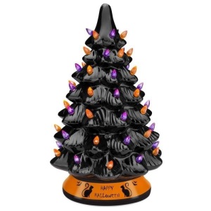 Pre-Lit 15in Ceramic Halloween Tree w/ Orange & Purple Bulb Lights. Appears New