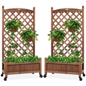 Set of 2 Wood Planter Box & Lattice Trellis w/ Optional Wheels - 48in 