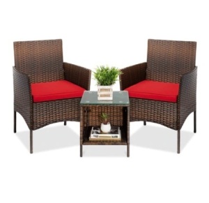 3-Piece Outdoor Patio Wicker Bistro Set, Brown/Red