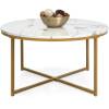 Round Coffee Table w/ Faux Marble Top, Metal Frame - 36in
