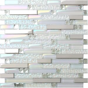 Iridescent White Glass Silver Mirror Stainless Steel Interlocking Strip Wall Tiles, 5 Sheets 