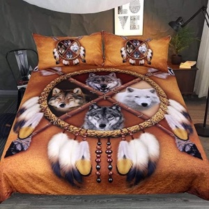 Sleepwish 4 Wolves Dreamcatcher Bedding Golden Brown Duvet Cover Vintage Feather Bedding Cover Set, Unknown Size - E-Comm Return, Appears New 