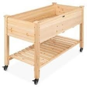 Mobile Raised Garden Bed Elevated Wood Planter w/ Wheels, Storage Shelf