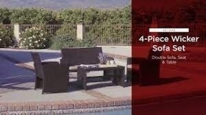 4-Piece Outdoor Wicker Conversation Patio Set w/ 4 Seats, Glass Table Top