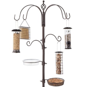 Bird Feeding Station, 6-Hook Steel Multi-Feeder Stand w/ 4 Feeders