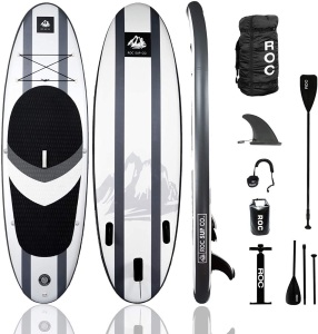 Roc Inflatable Stand Up Paddle Board Non-Slip Deck, Bonus Waterproof Bag, Leash, Paddle and Hand Pump, Charcoal - Appears New  