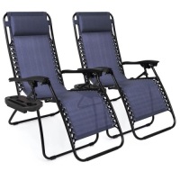 Set of 2 Adjustable Zero Gravity Patio Chair Recliners with&nbsp;Cup Holders, Navy Blue - Appears&nbsp;New&nbsp;