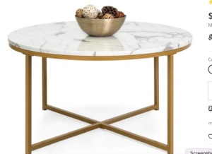 Round Coffee Table w/ Faux Marble Top, Metal Frame - 36in,NEW