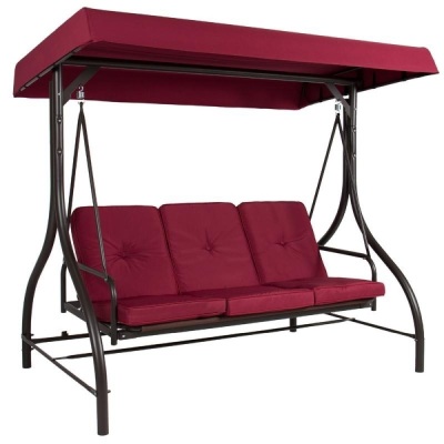 3-Seat Outdoor Canopy Swing Glider Furniture w/ Converting Flatbed Backrest, Burgundy - Appears New 