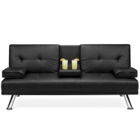 Faux Leather Upholstered Convertible Sofa Bed Futon with&nbsp;2 Cupholders, Black - Appears New&nbsp;