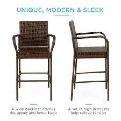 Set of 2 Indoor Outdoor Wicker Bar Stools w/ Cushion, Footrests, Armrests