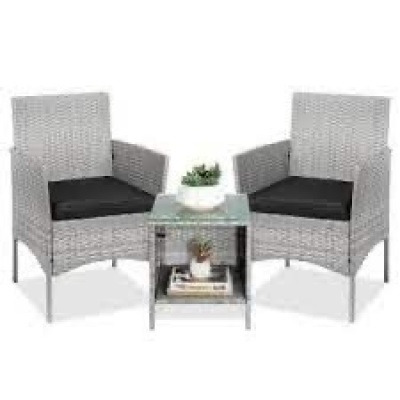 3-Piece Outdoor Patio Wicker Bistro Set w/ Side Storage Table