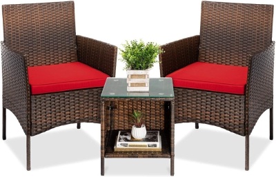 Best Choice Products 3-Piece Outdoor Wicker Conversation Bistro Set, Space Saving Patio Furniture for Yard, Garden w/ 2 Chairs, 2 Cushions, Side Storage Table - Brown/Red