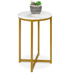 Repackaged Round Coffee Side Table w/ Faux Marble Top, Metal Frame - 16in