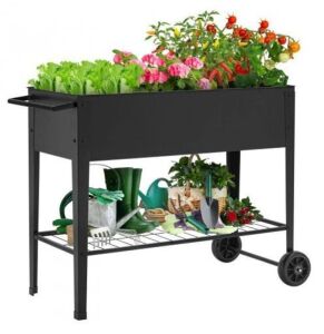 Mobile Metal Raised Garden Bed with Shelf 