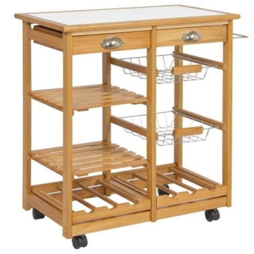 Rolling Wood Kitchen Storage Cart Dining Trolley w/ Drawers, Fruit Baskets, Wine Rack