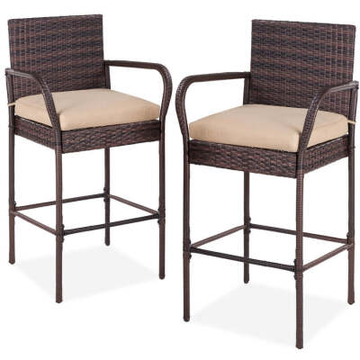 Set of 2 Indoor Outdoor Wicker Bar Stools w/ Cushion, Footrests, Armrests (Missing 1 stool)