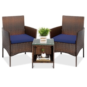 3-Piece Outdoor Patio Wicker Bistro Set w/ Side Storage Table