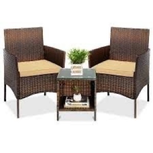 3-Piece Outdoor Patio Wicker Bistro Set w/ Side Storage Table