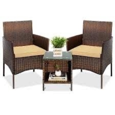 3-Piece Outdoor Patio Wicker Bistro Set w/ Side Storage Table