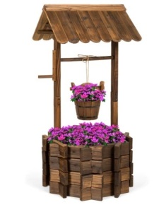 Rustic Wooden Wishing Well Planter Yard Decoration w/ Hanging Bucket,NEW