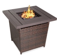 28in Fire Pit Table 50,000 BTU Wicker Propane w/ Faux Wood Tabletop, Cover,NEW
