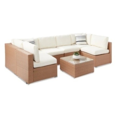7-Piece Modular Wicker Sectional Conversation Set, Natural/Ivory
