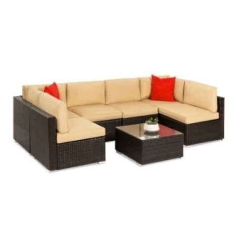 7-Piece Modular Wicker Sectional Conversation Set w/ 2 Pillows, Cover, Brown/Tan