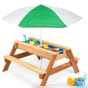 3-in-1 Kids Sand & Water Table Outdoor Wood Picnic Table w/ Umbrella,NEW