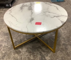 Round Coffee Table w/ Faux Marble Top, Metal Frame - 36in