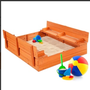 Kids Cedar Sandbox w/ Sand Screen, 2 Benches - 47x47in,NEW