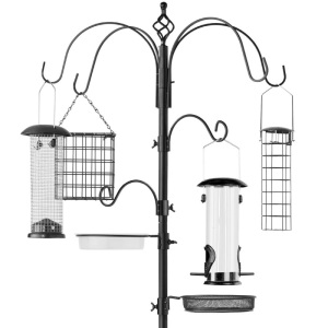 Bird Feeding Station, 6-Hook Steel Multi-Feeder Stand w/ 4 Feeders - 89in