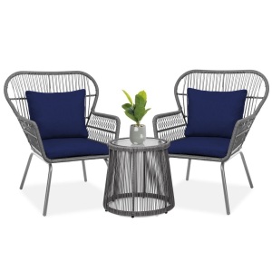 3-Piece Patio Wicker Conversation Bistro Set w/ 2 Chairs, Glass Top Table