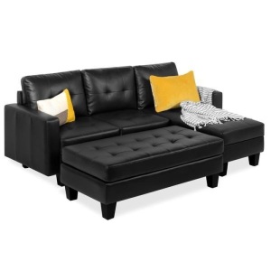 L-Shape Customizable Faux Leather Sofa Set w/ Ottoman Bench. Appears New