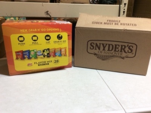Case of 28 Snack Size Chips, and a Case of Snyders Pretzels. Best by Date of Jan. 2021