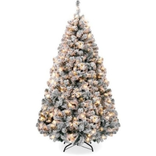 Pre-Lit Snow Flocked Artificial Pine Christmas Tree w/ Warm White Lights, 7.5 ft. Appears New